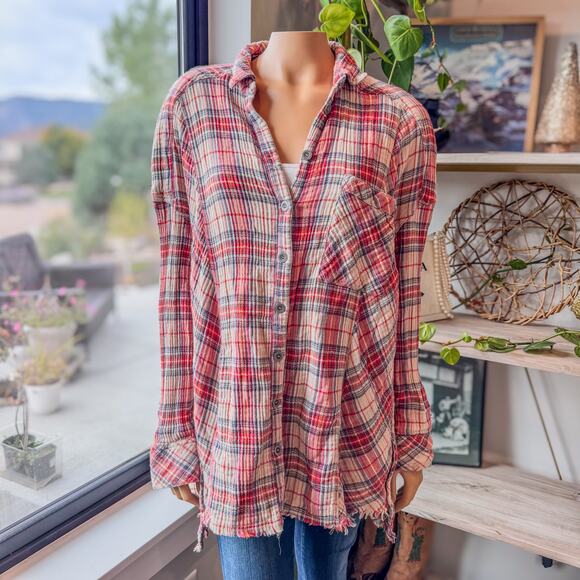 Free People Juniper Ridge Plaid Button Down Shirt w/ Raw Hem, Women's Large - Picture 15 of 15